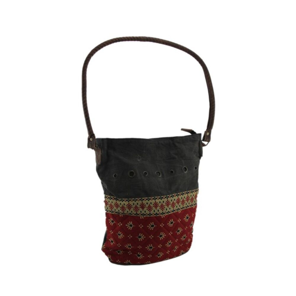 Scratch & Dent Red and Grey Quilted Canvas Shoulder Bag w/Leather Handle